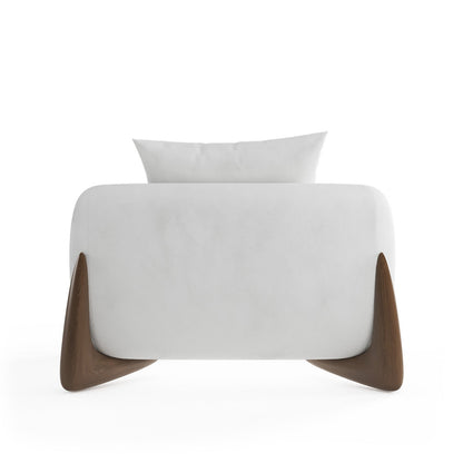 Architectural White Bouclé Accent Chair with Solid Wood Sled Frame