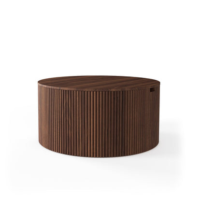 Contemporary Round Oak Storage Table with Vertical Fluted Drum Base
