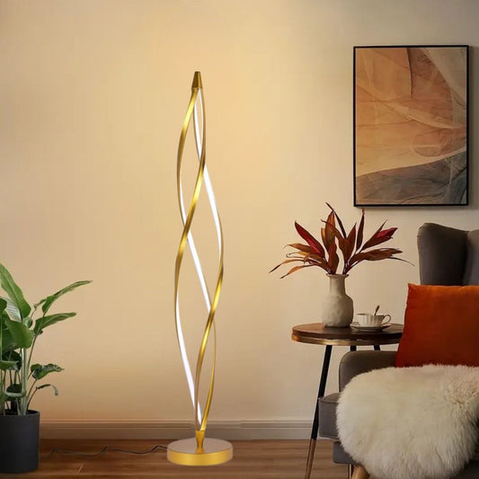 Modern floor lamp with wavy design in a living room setting