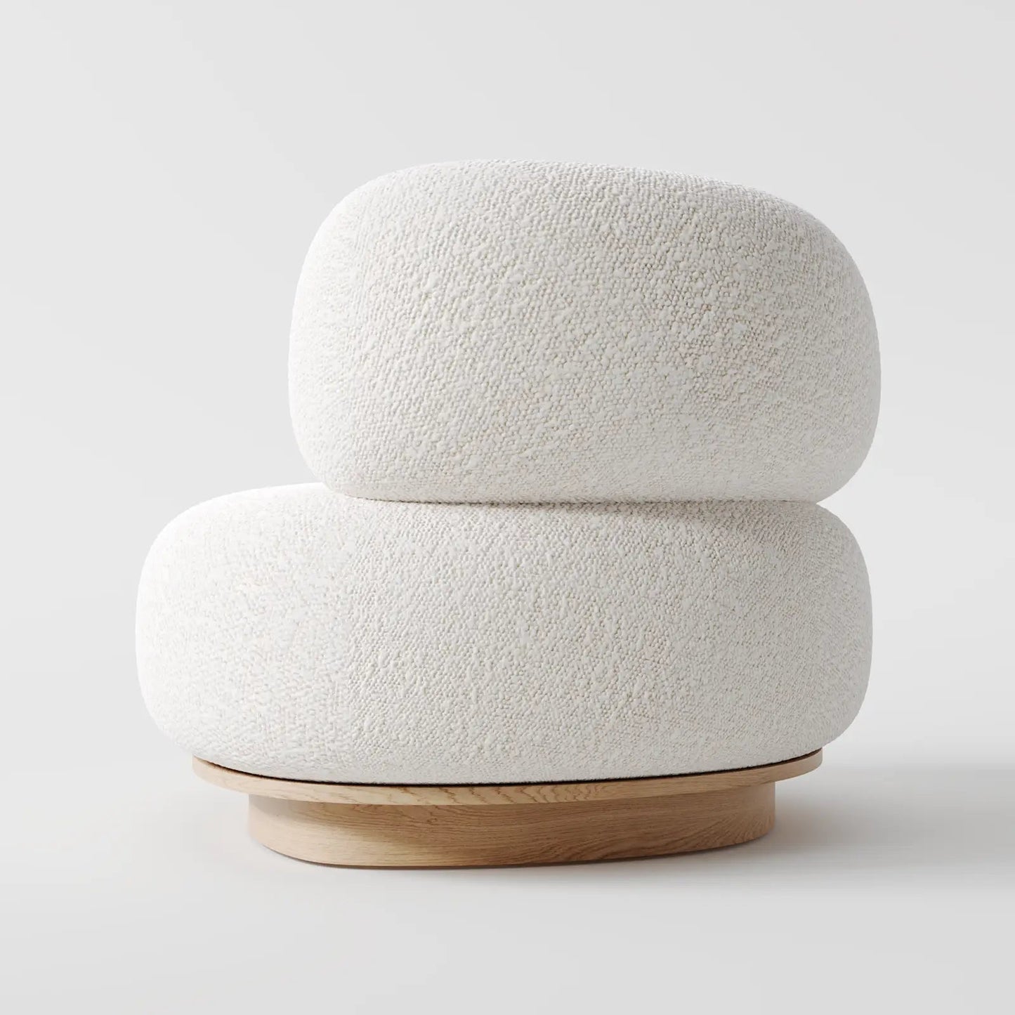 Contemporary Oversized White Bouclé Lounge Chair with Wood Plinth Base