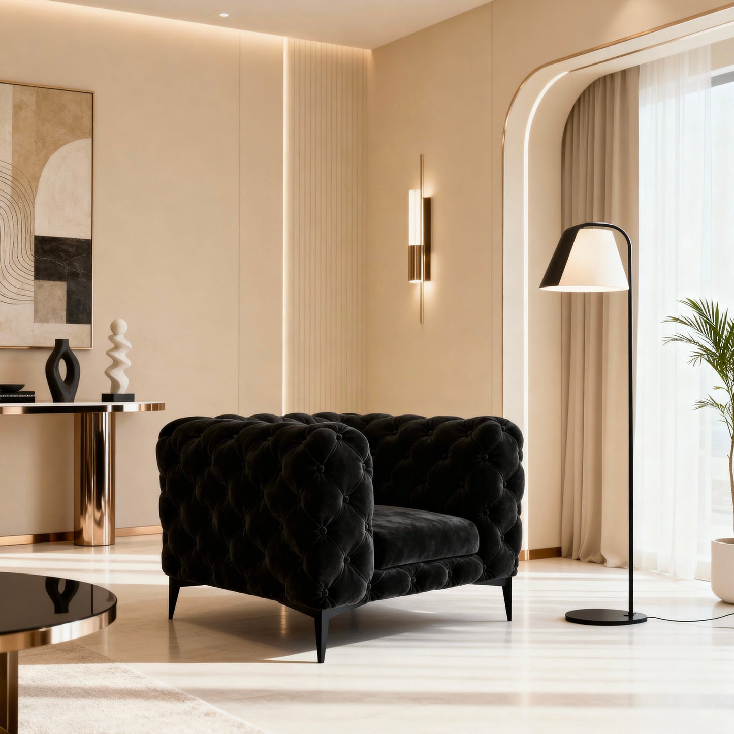 Luxury Black Velvet Chesterfield Armchair with Button-Tufting