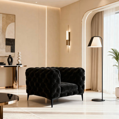 Luxury Black Velvet Chesterfield Armchair with Button-Tufting