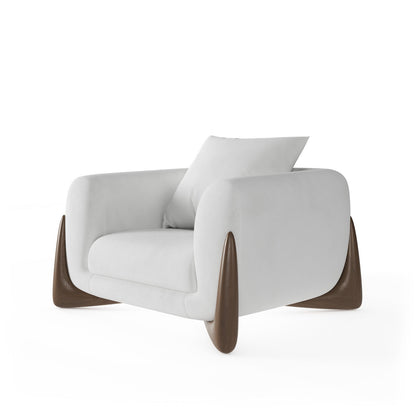 Architectural White Bouclé Accent Chair with Solid Wood Sled Frame