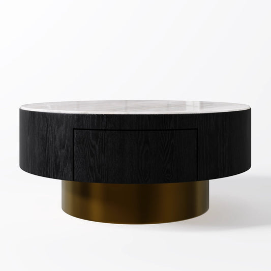Modern Marble-Top Coffee Table with Integrated Storage and Brass Detailing