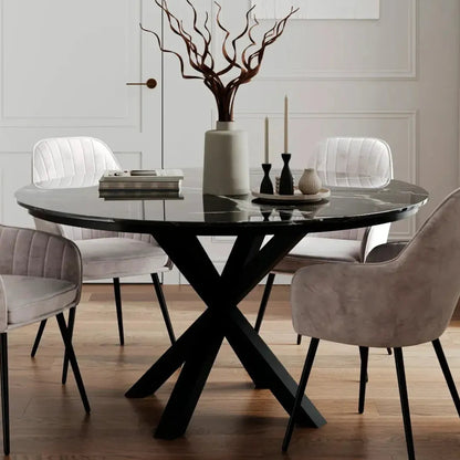 Contemporary Round Dark Grey Concrete Dining Table with Interlocking Arch Base