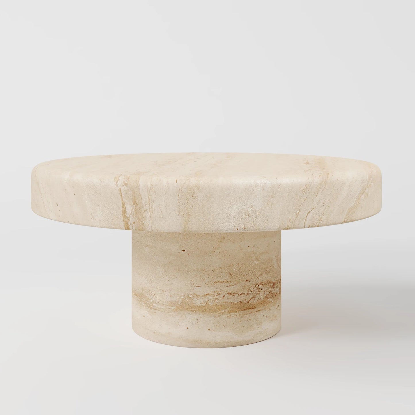 Contemporary Round Travertine Coffee Table with Solid Cylindrical Pedestal