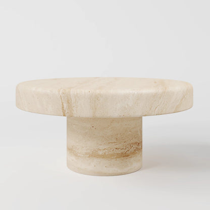 Contemporary Round Travertine Coffee Table with Solid Cylindrical Pedestal