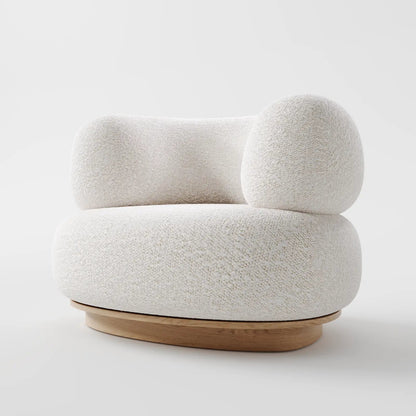 Contemporary Oversized White Bouclé Lounge Chair with Wood Plinth Base