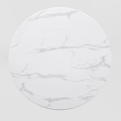 Minimalist Circular White Marble Top Table featuring a Black Column Support