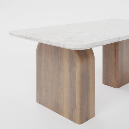 The Arc-Slab Table: Modern White Marble Top with Sculptural Dark Wood Supports