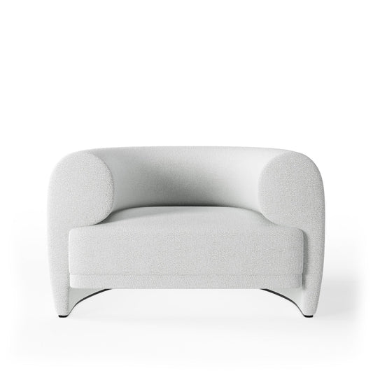 Organic Modern White Bouclé Armchair with Sculptural Wood Base