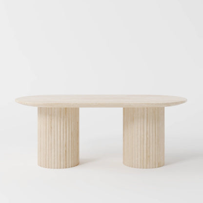Contemporary Oval Travertine Dining Table with Dual Fluted Pedestal Pillars