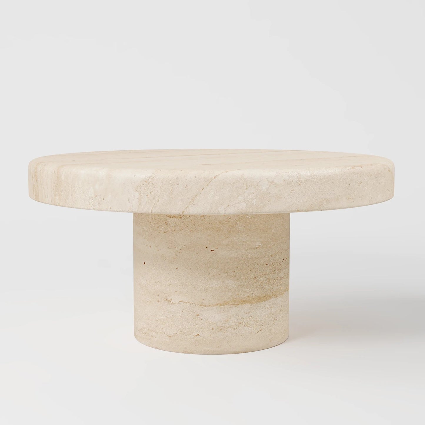 Contemporary Round Travertine Coffee Table with Solid Cylindrical Pedestal