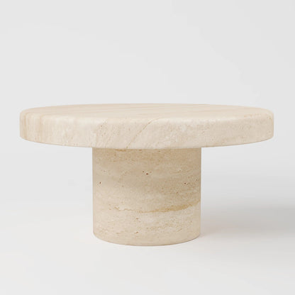 Contemporary Round Travertine Coffee Table with Solid Cylindrical Pedestal