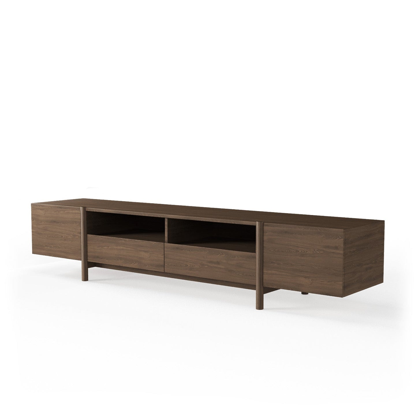 Mid-Century Modern Dark Wood Media Console with Open Shelves