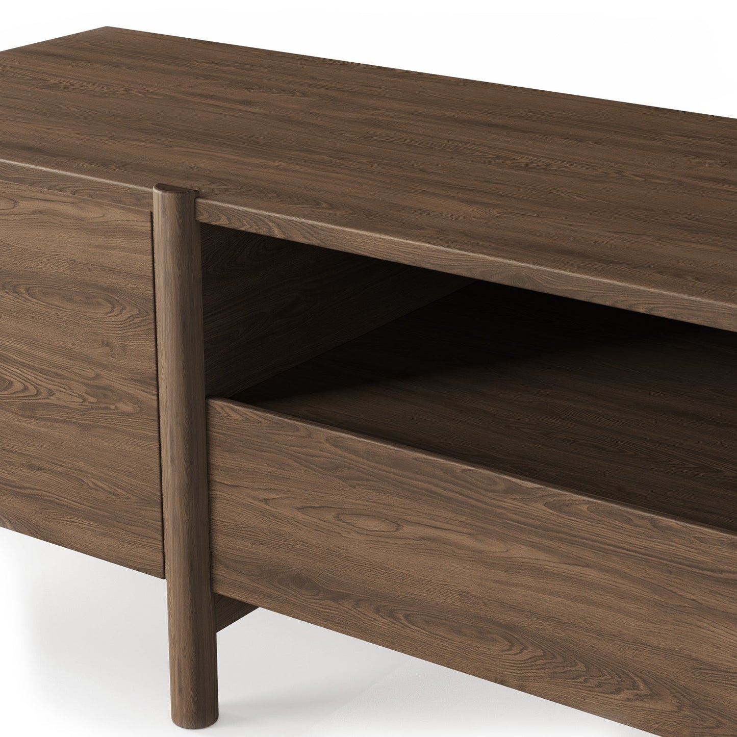 Mid-Century Modern Dark Wood Media Console with Open Shelves