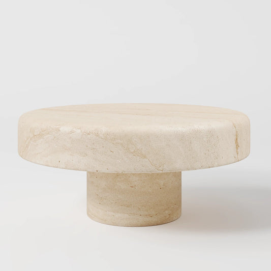 Contemporary Round Travertine Coffee Table with Solid Cylindrical Pedestal