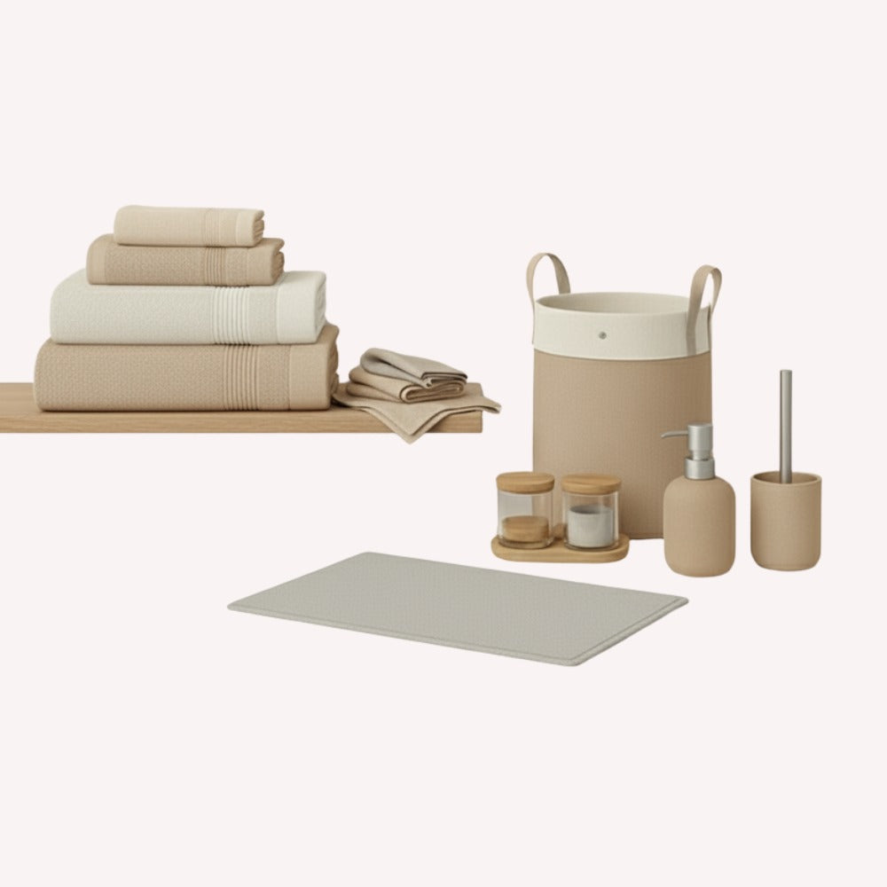 Bathroom accessories including towels, a basket, and toiletries on a white background