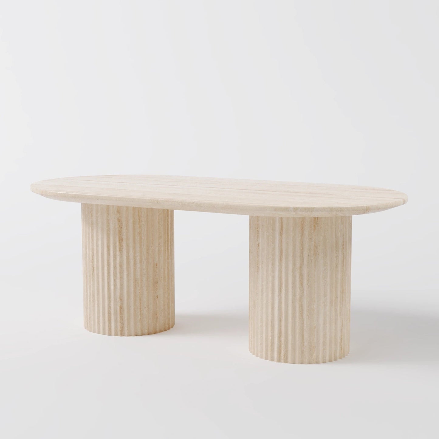 Contemporary Oval Travertine Dining Table with Dual Fluted Pedestal Pillars