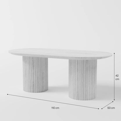 Contemporary Oval Travertine Dining Table with Dual Fluted Pedestal Pillars