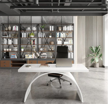 Vault white executive desk front view showing the semi-circle arch base