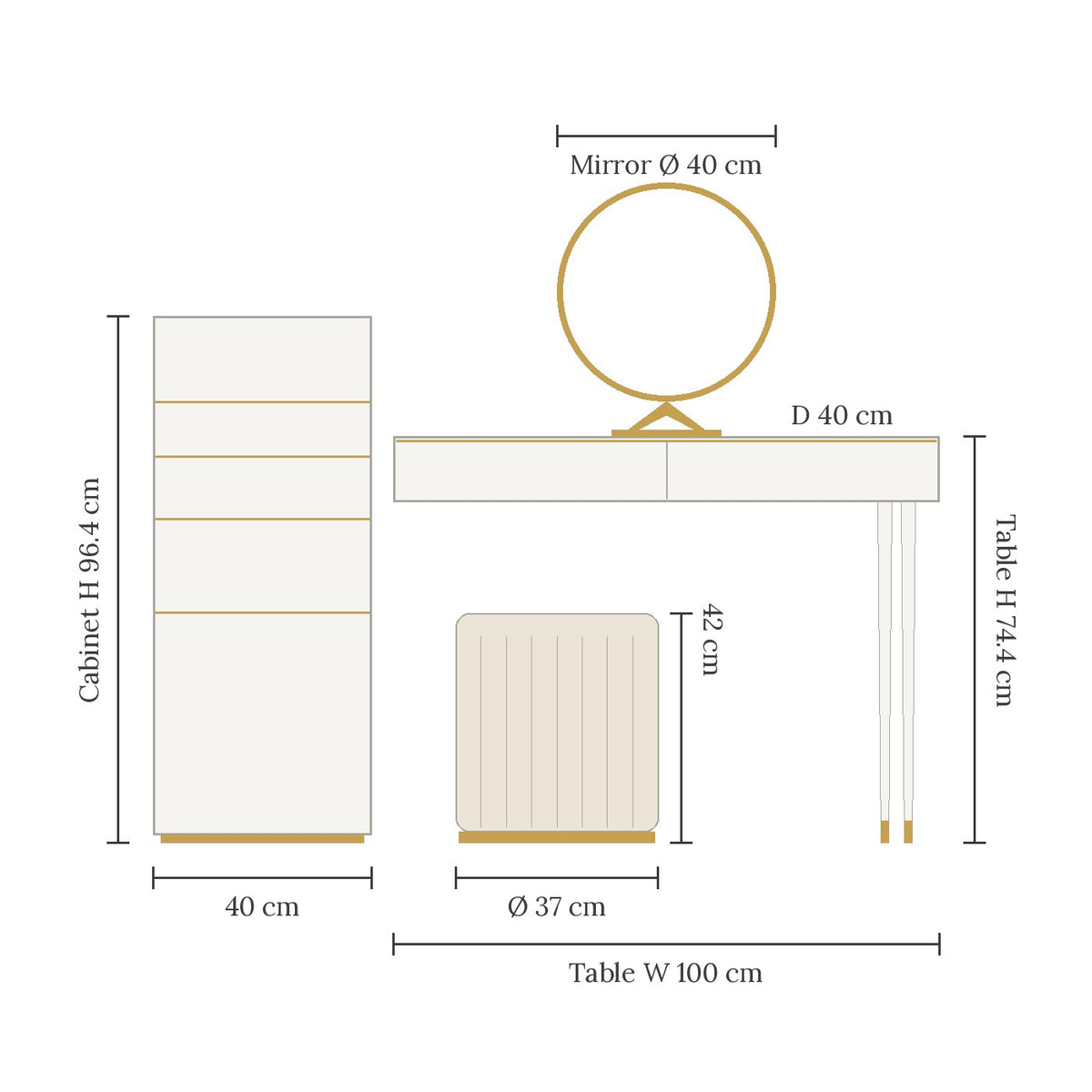 Aurelia dressing table set dimensions: table 100 x 40 x 74.4 cm, cabinet 40 x 40 x 96.4 cm, stool 37 x 42 cm, mirror 40 cm