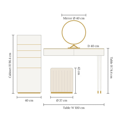 Aurelia dressing table set dimensions: table 100 x 40 x 74.4 cm, cabinet 40 x 40 x 96.4 cm, stool 37 x 42 cm, mirror 40 cm