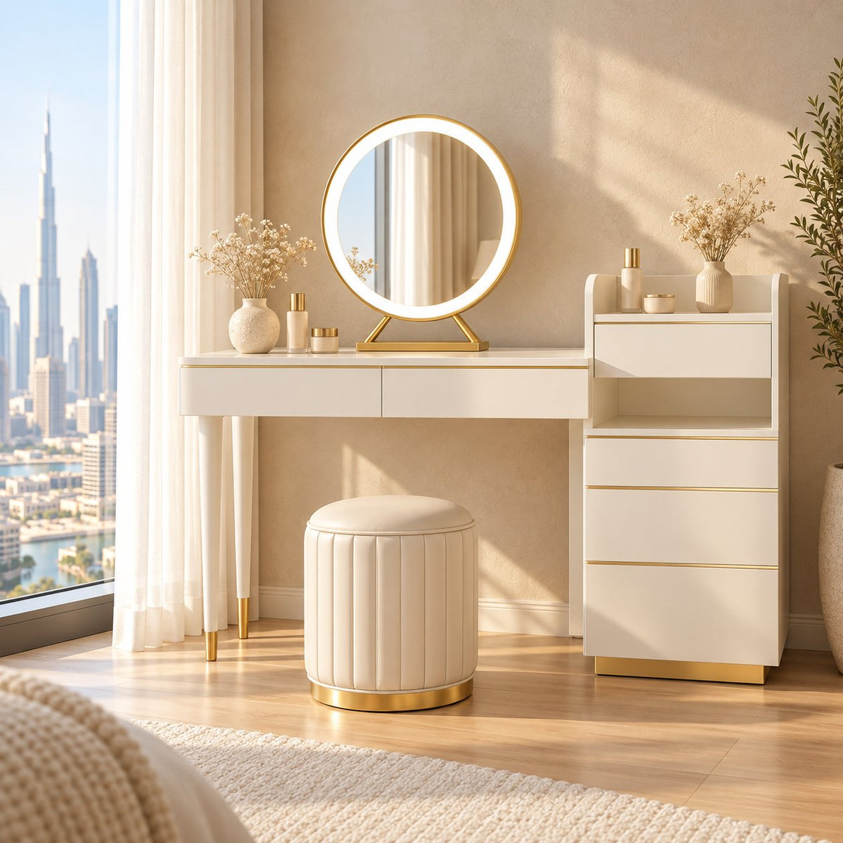 Aurelia white and gold dressing table set with round mirror, side cabinet and stool in a Dubai bedroom