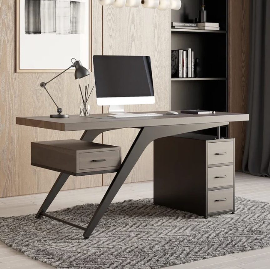 Axel office desk front view with floating drawer and 3-drawer pedestal