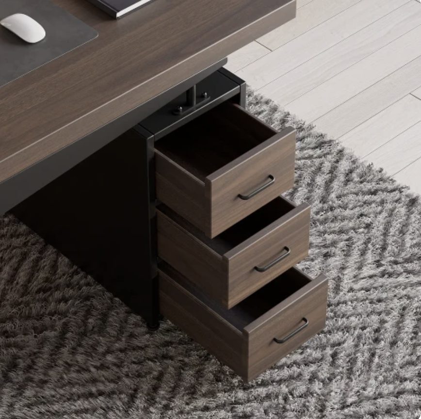 Close-up of the Axel desk 3-drawer pedestal with black bar handles