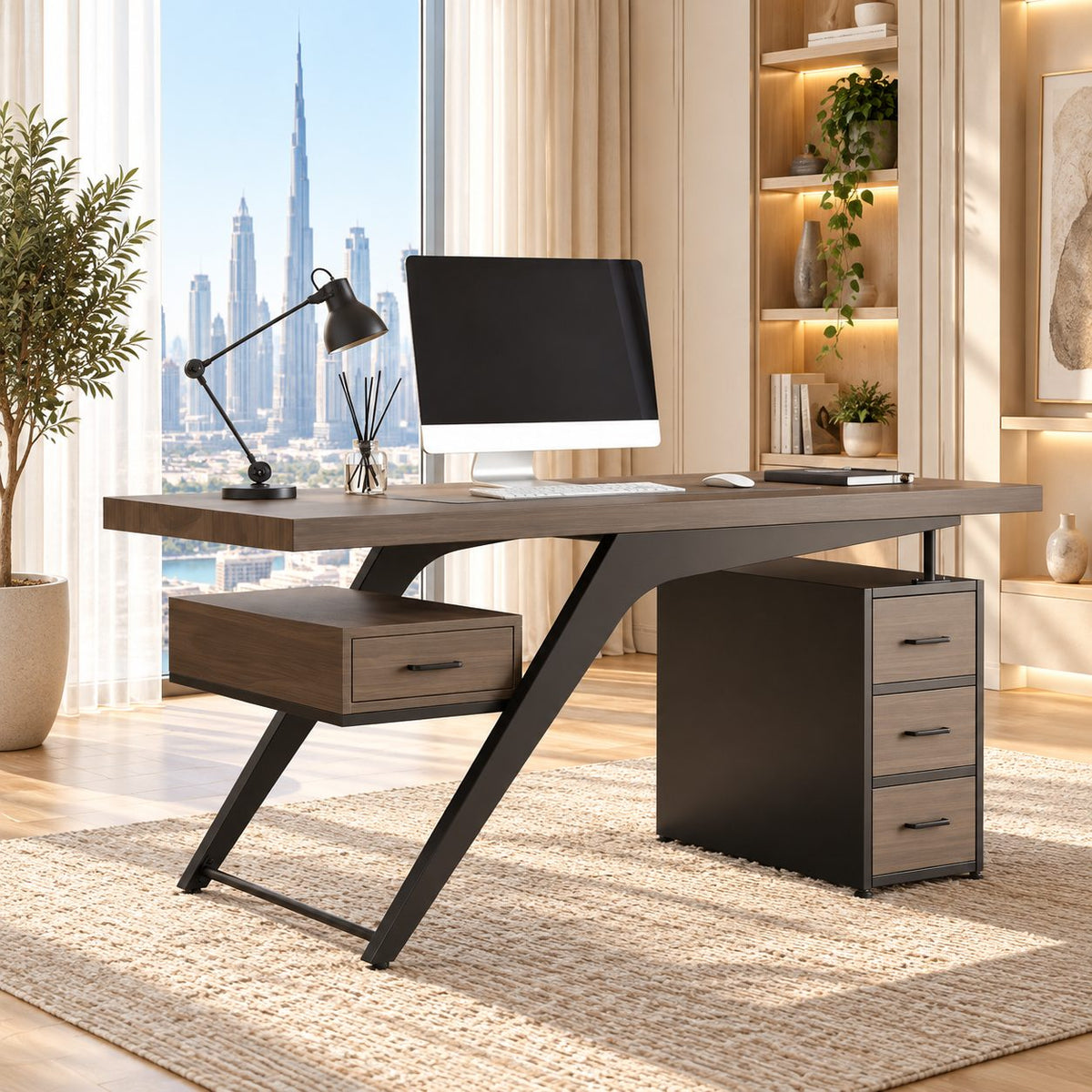 Axel geometric office desk 150cm with pine wood top and black metal legs in a Dubai apartment — RoomVibe