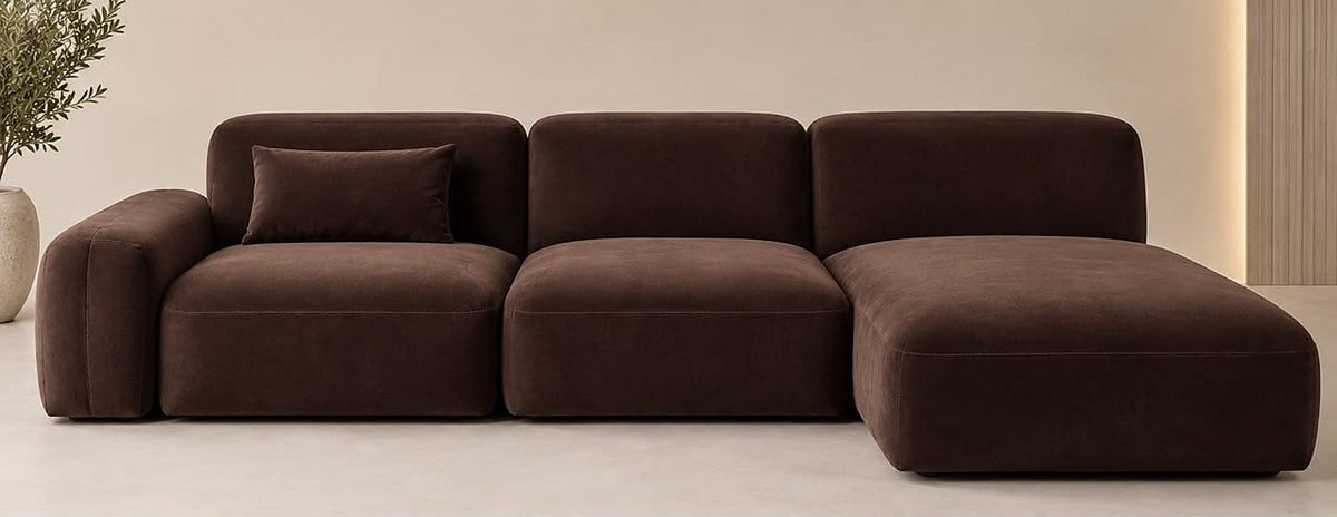 Brown velvet modular chaise sofa 260cm, front view