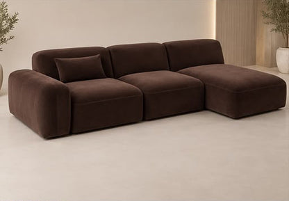 Cocoa brown velvet modular sofa with right-hand chaise, angled view