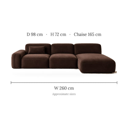 Brown modular chaise sofa dimensions: width 260cm, approximate depth and height