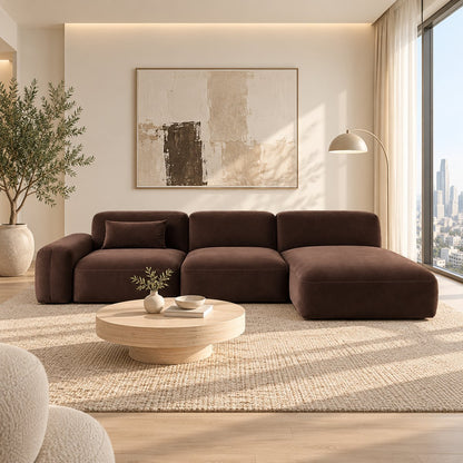 Cocoa brown velvet modular chaise sofa in a bright Dubai apartment living room
