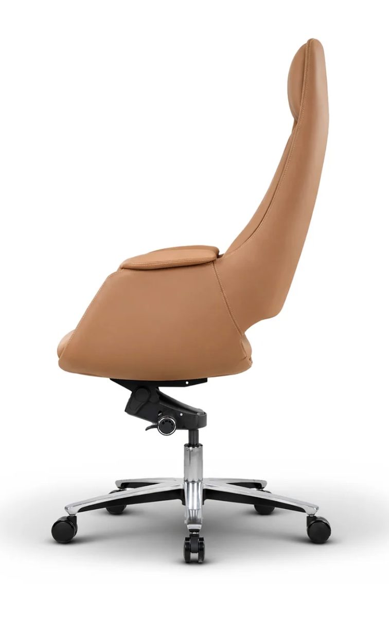 Stanford tan office chair side view showing tilt mechanism and chrome base