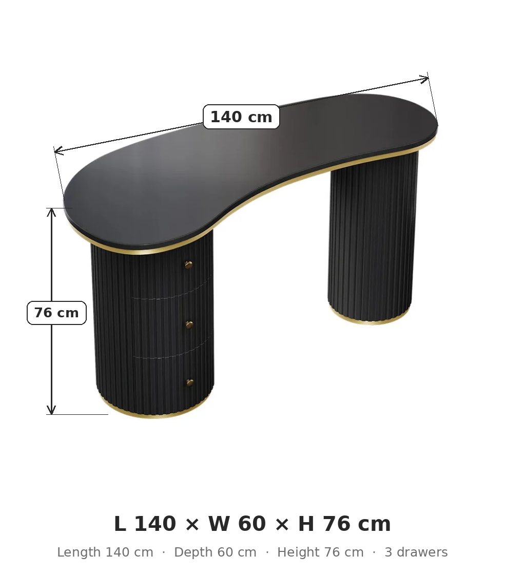 Kira desk dimensions: L 140 x W 60 x H 76 cm, 3 drawers