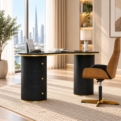 Kira black office desk front view with 3 drawers and gold knobs