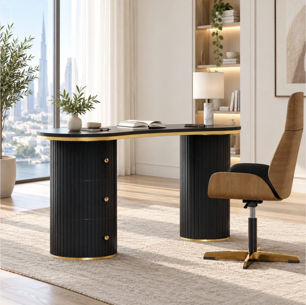 Kira black fluted home office desk 140cm with gold trim in a Dubai apartment — RoomVibe