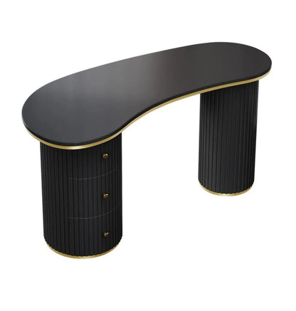 Kira black kidney-shaped desk with fluted pedestals on white background