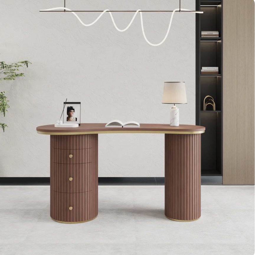 Kira walnut office desk front view in a modern room