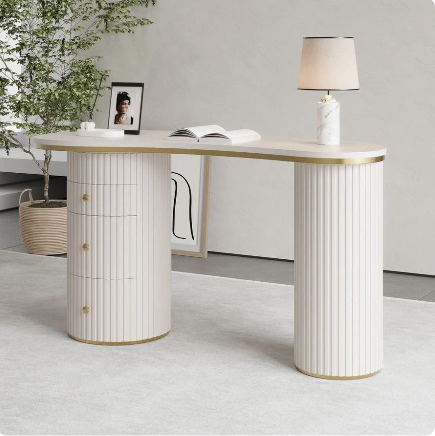 Kira white fluted home office desk with gold trim and 3 drawers
