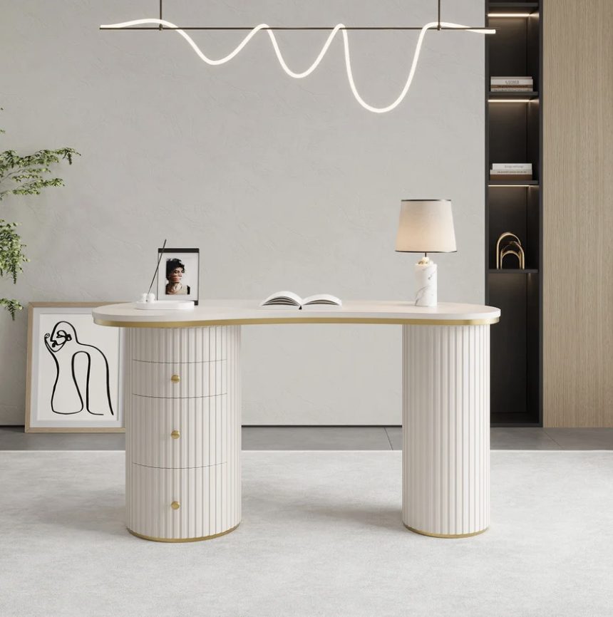Kira white office desk front view in a modern room