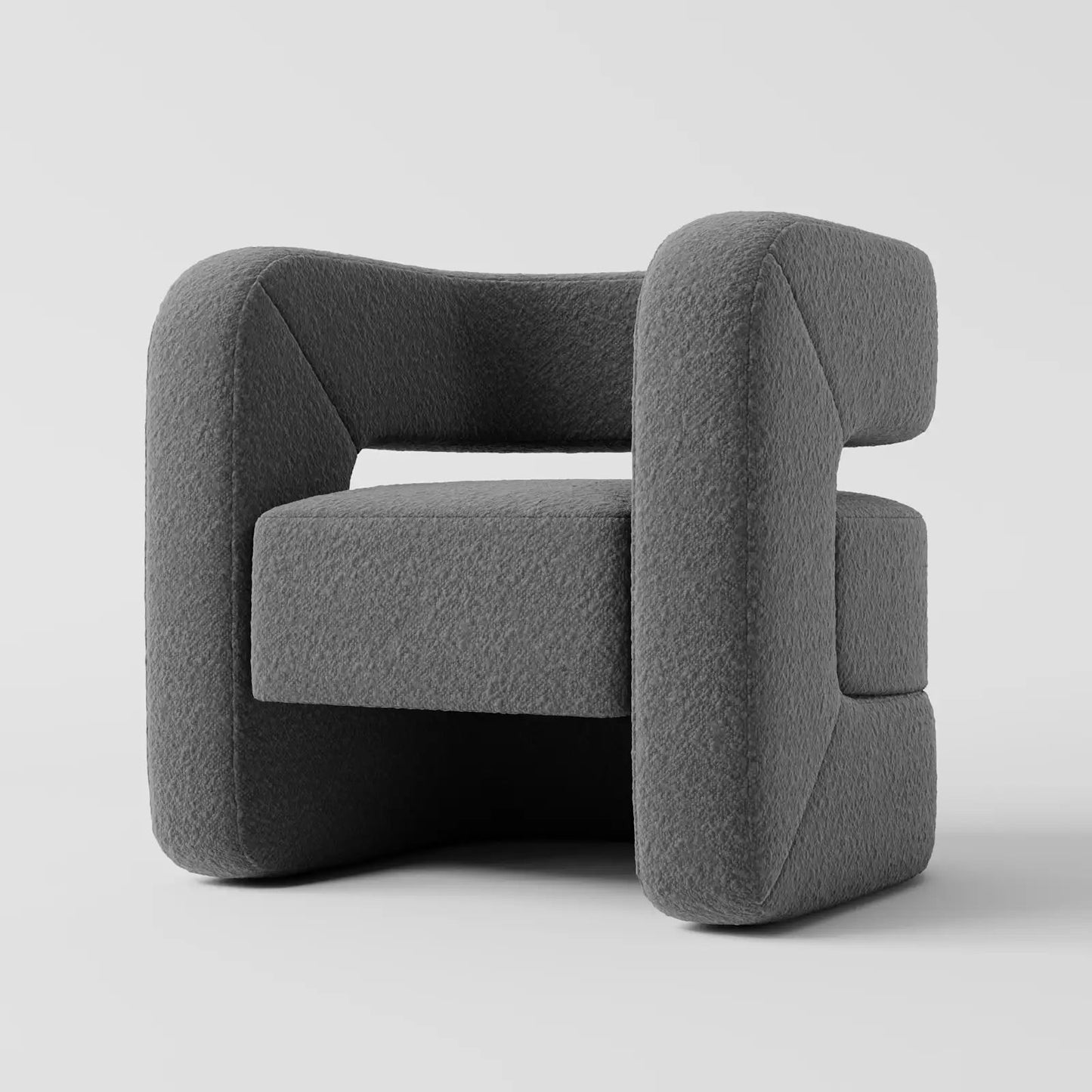 Contemporary Charcoal Bouclé Armchair with Monolithic C-Frame
