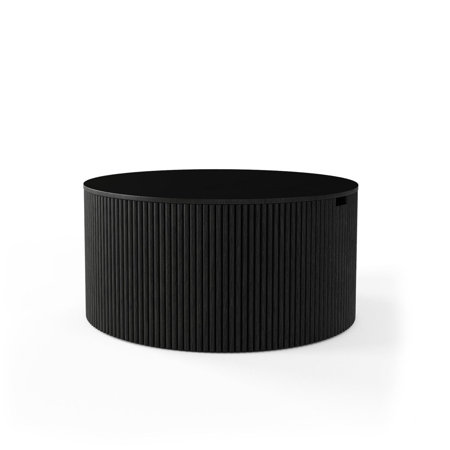 Contemporary Round Oak Storage Table with Vertical Fluted Drum Base