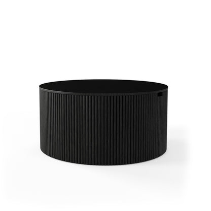 Contemporary Round Oak Storage Table with Vertical Fluted Drum Base