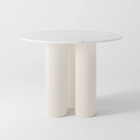Contemporary Round Marble Dining Table with Black Fluted Pedestal