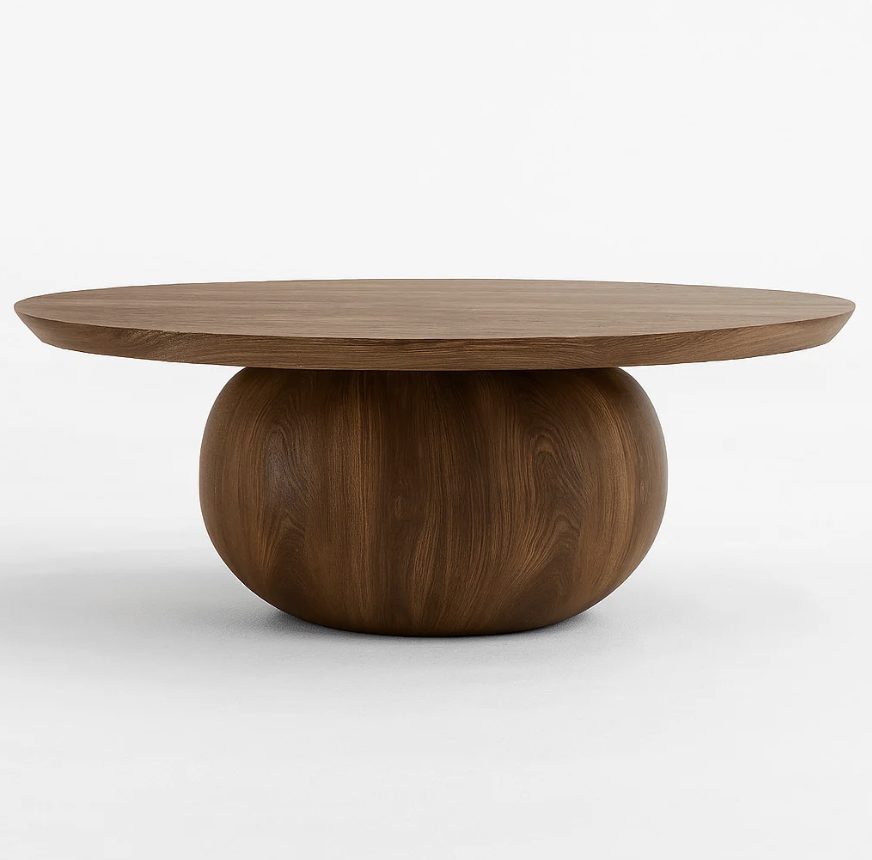 Bloom round wood-tone coffee table 100cm with sculptural sphere base — RoomVibe Dubai