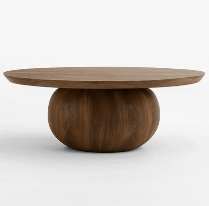 Bloom round wood-tone coffee table 100cm with sculptural sphere base — RoomVibe Dubai