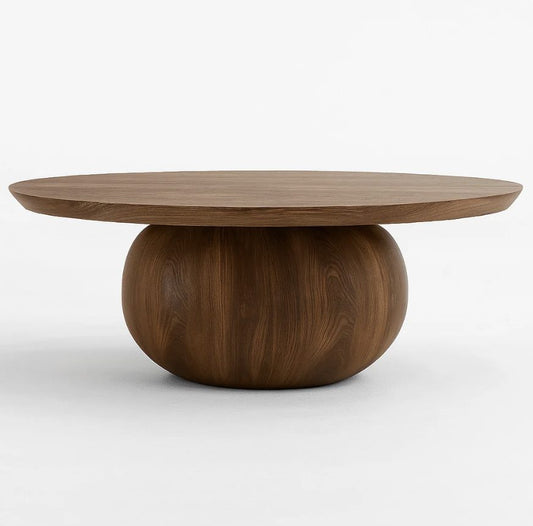 Bloom round wood-tone coffee table 100cm with sculptural sphere base — RoomVibe Dubai
